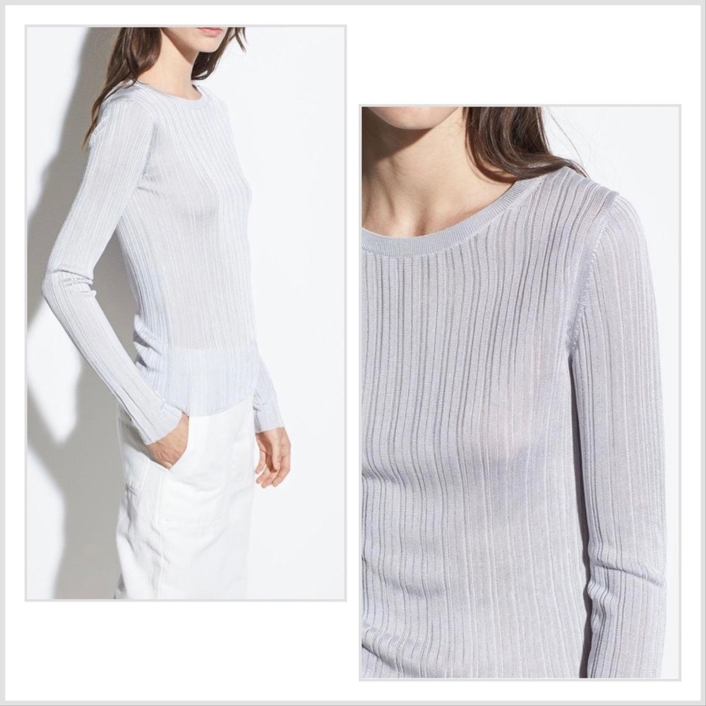 VINCE Ribbed Crew Silver Top - Picture 2 of 14